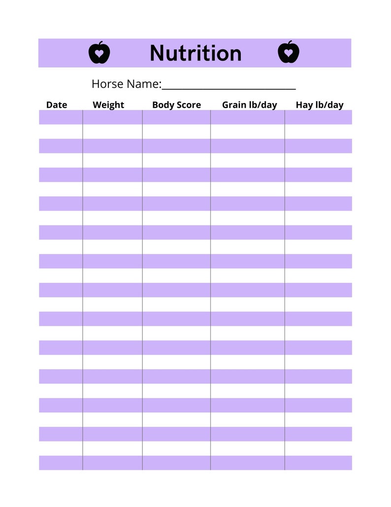 May include: A printable nutrition tracker for horses with a purple header and apple icon. The tracker includes columns for date, weight, body score, grain in pounds per day, and hay in pounds per day.