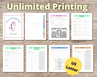 May include: Printable farm management planner pages in US Letter size. The pages include sections for horse bio, veterinary records, dental care, and farrier appointments. The pages are designed with a light blue, green, and pink color scheme.