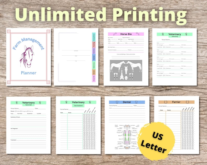 May include: Printable farm management planner pages in US Letter size. The pages include sections for horse bio, veterinary records, dental care, and farrier appointments. The pages are designed with a light blue, green, and pink color scheme.