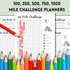 Puede incluir: Páginas de planificador imprimibles para un desafío de 100, 250, 500 millas. Las páginas son en blanco y negro con un diseño de cuadrícula y espacio para realizar un seguimiento de las millas recorridas caminando o corriendo cada día.