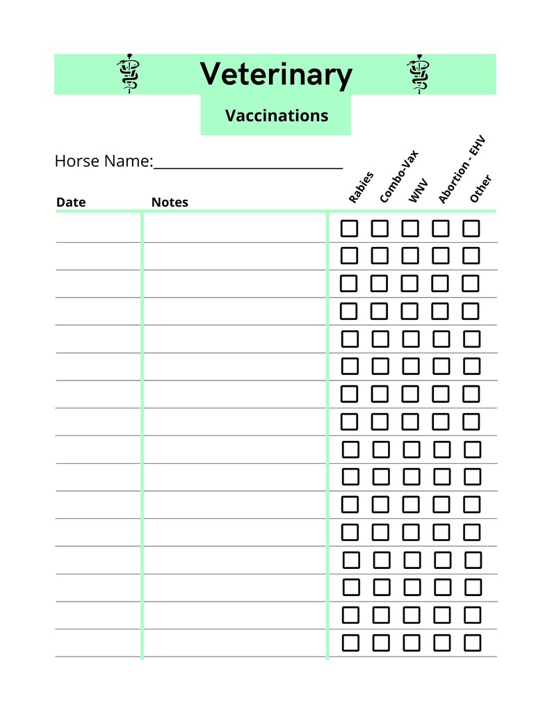 May include: A black and white printable veterinary vaccination record for horses. The form includes sections for the horse's name, date, notes, and checkboxes for rabies, combo-vax, WNV, abortion-EHV, and other vaccinations.