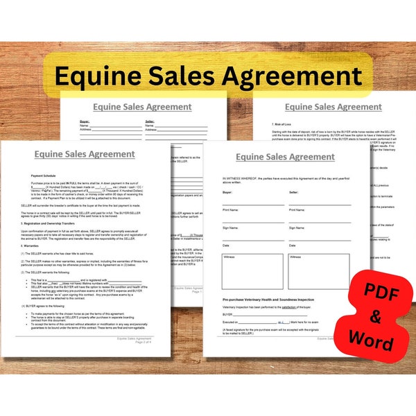 Equine Sales Agreement - Horse Sale - Pony Sale - Sell a Horse - Horse Sale Document