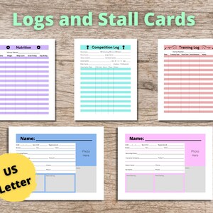 May include: Printable log and stall cards for horse owners. The cards are in pastel colors with black text and include sections for nutrition, competition, training, and horse information. The cards are designed to be printed on US Letter size paper.