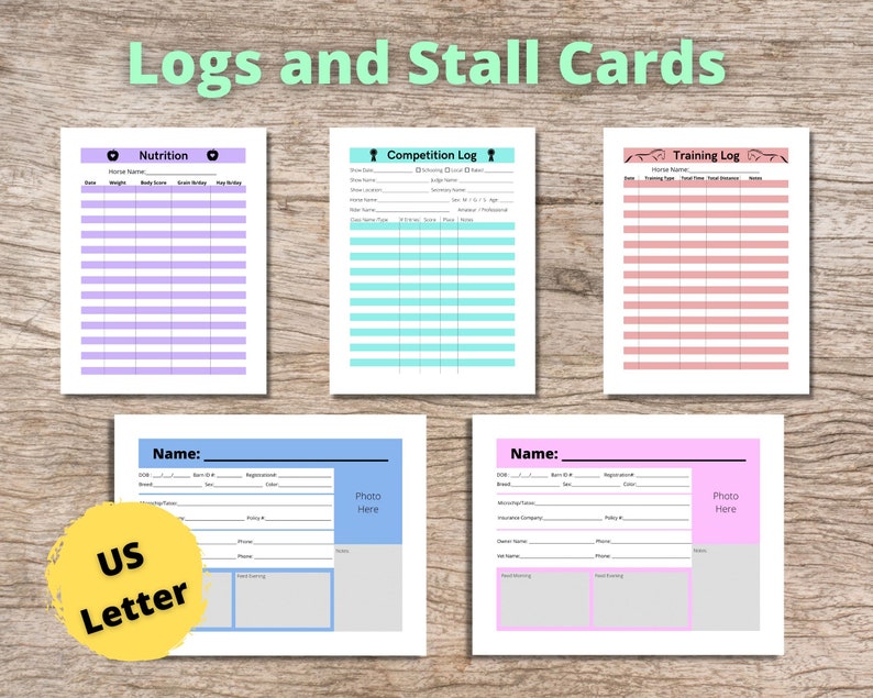 May include: Printable log and stall cards for horse owners. The cards are in pastel colors with black text and include sections for nutrition, competition, training, and horse information. The cards are designed to be printed on US Letter size paper.