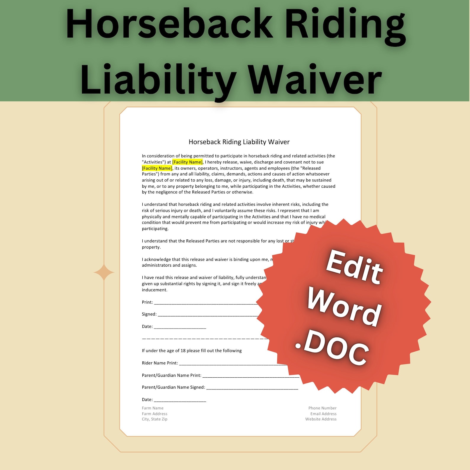 Horseback Riding Liability Waiver Fillable PDF or Editable Word