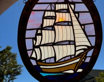 夕暮れの船 フェイクステンドグラス 窓用 ガラス風サンキャッチャー