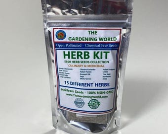 May include: A silver, sealed bag labeled "The Gardening World Herb Kit." The label lists 15 different herb seeds, including basil, oregano, and thyme. The text also states the seeds are open pollinated, chemical-free, and non-GMO.