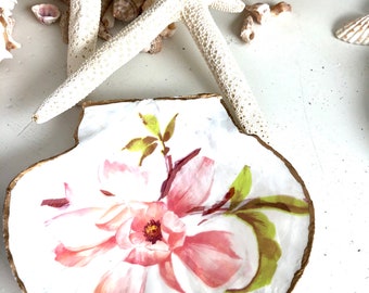 Pink Magnolia Shell Ring/Trinket Dish, Coastal Beach House Décor, Hostess Gift, Coastal Grandmother, Housewarming Gift, Mothers Day Gift