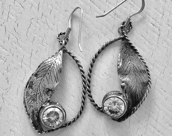 Crystal Clear CZ Diamond Leaf Earrings, Sterling Diamond Earrings, CZ and Silver Leaf Earrings, Coastal Grandmother Earrings, Gift for Her