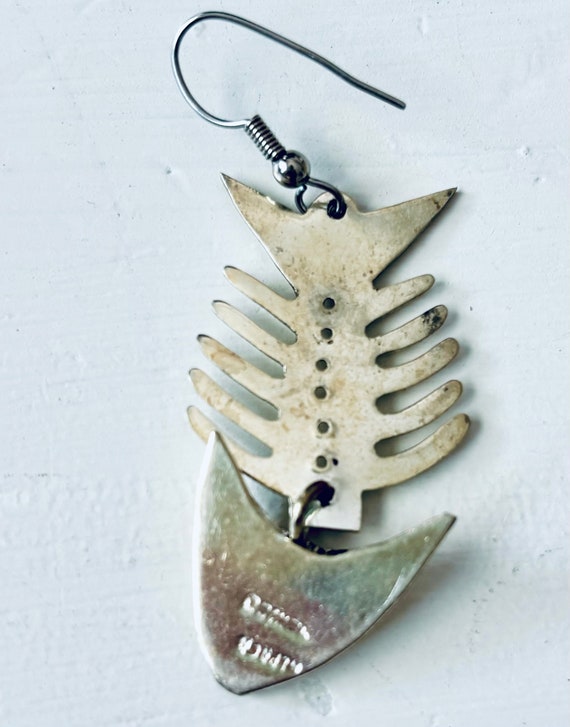 Vintage Sterling Silver Dangle Fish Bone Earrings… - image 5