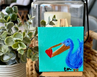 Mini Pelican Acrylic Painting on Canvas, Valentine Pelican and Heart Painting on Canvas, Pelican Art, Coastal Grandmother Décor