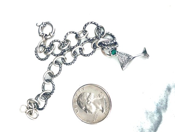 Sterling Silver Link Charm Bracelet with Martini … - image 1