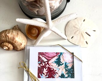 Sea Life Blank Note Cards Set  with Envelopes, Set of 8 Blank Nautical Greeting Cards, Coastal Stationary Housewarming/Hostess/Friend Gift