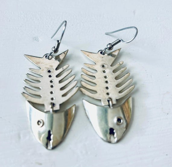 Vintage Sterling Silver Dangle Fish Bone Earrings… - image 1