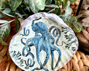 Beautiful Sea Blue Octopus Scallop Trinket/Ring Dish  Trimmed in Silver, Coastal Grandmother Beach House, Nautical House Warming Gift