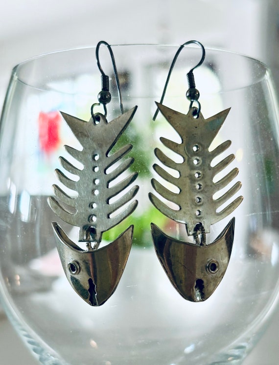 Vintage Sterling Silver Dangle Fish Bone Earrings… - image 3