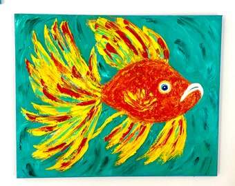 Funky Goldfish Textured Oil Painting by Evie Mineau, Fish Wall Art, Colorful Goldfish Painting,  Coastal Beach House Decor
