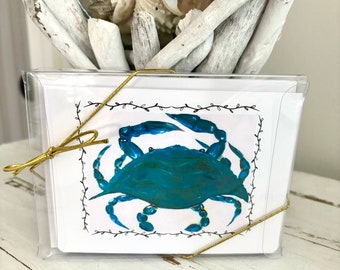 Blue Crab-Blank Folded Note Cards Set of (8) Blue Crab Note Cards/Envelopes, Coastal Greeting Cards for all Occasions, Hostess Beach Gift