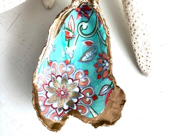 Oyster Shell Ring Dish, Turquoise Tapestry Decoupage Oyster Ring /Trinket Dish, Jewelry Dish, Beach Themed Gift, Nautical Dish, Coastal Dish