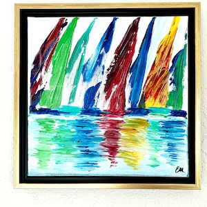 Sailboats Abstract Original Oil Painting by Evie Mineau, Nautical Painting on Canvas,  Regatta in the Harbor Sailboats Artwork