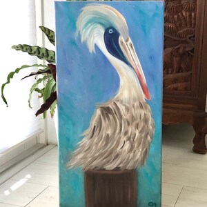 Pelican Artwork, Original Oil Painting-One-of-a Kind-by Evie Mineau, Pelican Wall Art, Coastal Beach Gift, Pelican Art
