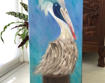 Pelican Oil Painting by Evie Mineau, Pelican Art, Coastal Beach House, Beach Bird Painting, Coastal Grandmother, Shore Bird Painting