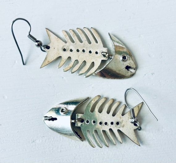 Vintage Sterling Silver Dangle Fish Bone Earrings… - image 2