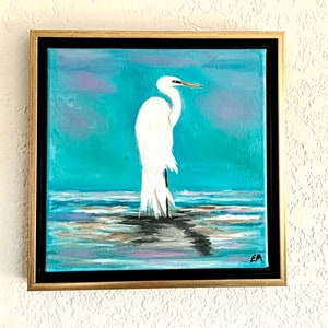 Snowy White Heron Oil Painting, Sea Bird Painting, Great White Heron Painting, Shore Bird Painting, Coastal Grandmother Beach House Gift