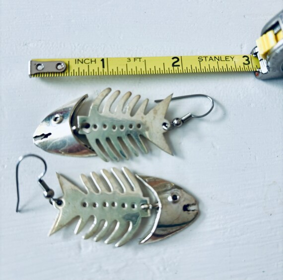 Vintage Sterling Silver Dangle Fish Bone Earrings… - image 4