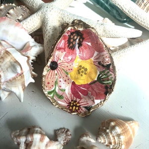 Floral Decoupage Oyster Shell Trinket Dish: Coastal Decor