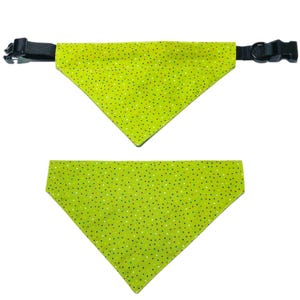 May include: A lime green dog bandana with a black collar and buckle. The bandana is decorated with small, colorful polka dots. A second, matching bandana is below the first.