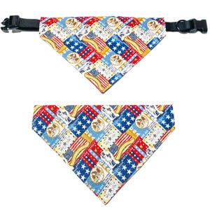 May include: Two dog bandanas with a patriotic design. The bandanas feature a pattern of the American flag, stars, and eagle seals in red, white, and blue. Each bandana has a black adjustable collar.