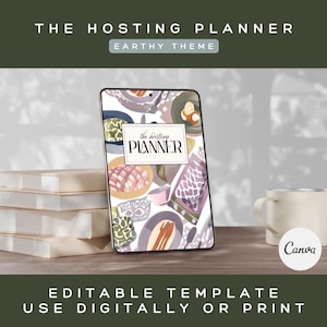 Planificador de eventos/hosting, tablero de estado de ánimo, menú, lista de compras, planificador imprimible, planificador digital, editable, plantilla de Canva.