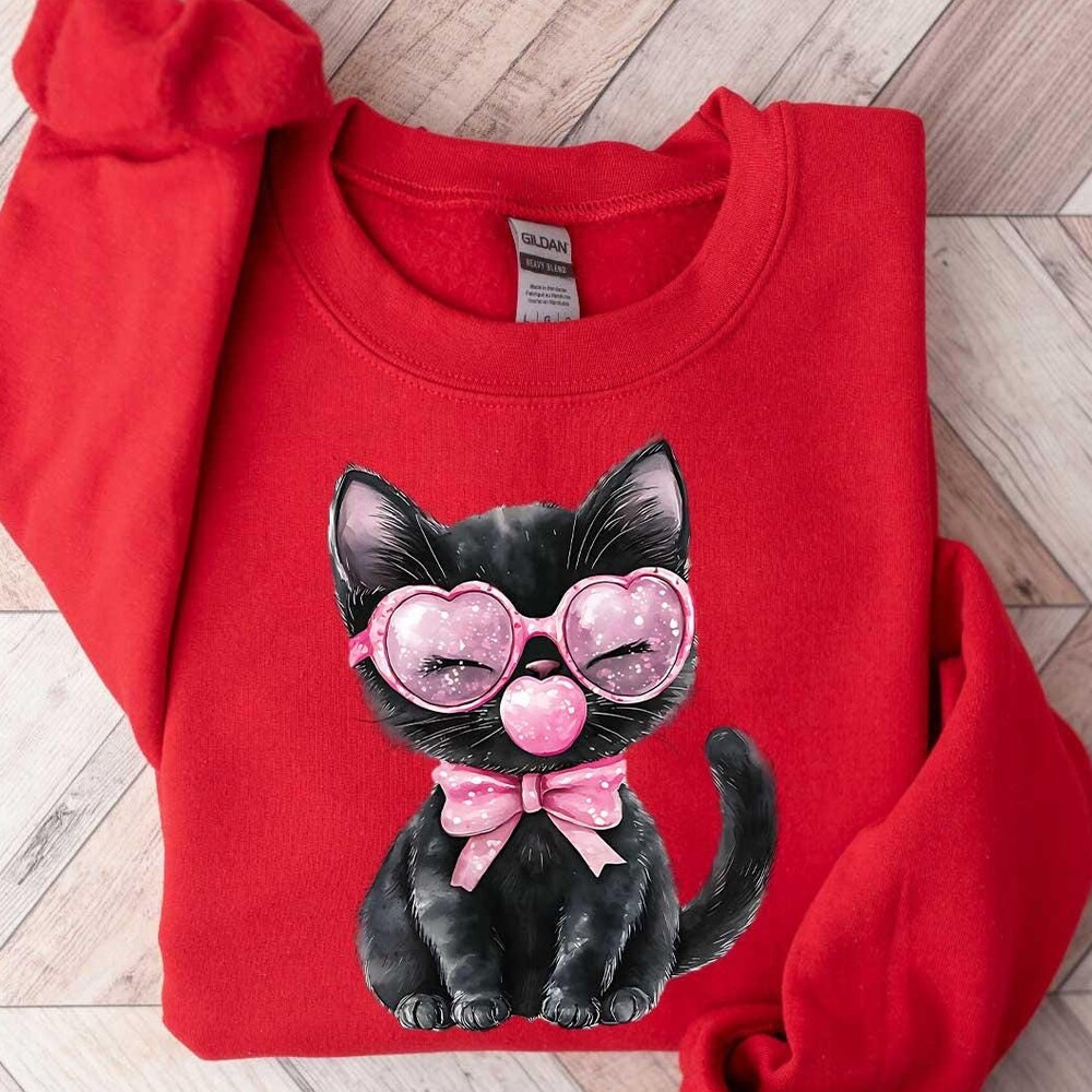 Valentines Cute Black Cat Shirt, Valentines Crewneck, Valentine Cat Shirt, Cat Lover Gift Shirt, Gift For Her Shirt, Women Valentines Shirt Store24Hs