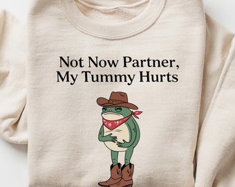 Not Now Partner My Tummy Hurts Sweatshirt, IBS Lactose Intolerant Frog Unhinged TShirt Gen Z Meme Funny Dumb Shirt Weirdcore Comfort Shirt