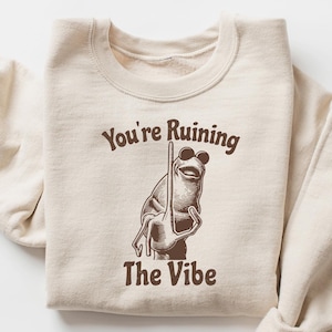May include: Sand-colored sweatshirt with the phrase "You're Ruining The Vibe" and a frog graphic in brown. The frog is wearing sunglasses and holding a pole. The sleeves are rolled up.