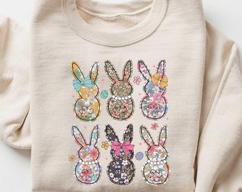 Floral Easter Bunny Sweatshirt, Cute Bunny Easter T-shirt, Easter Matching Gift, Coquette Easter Shirt, Easter Bunny Crewneck
