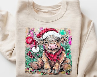 Christmas Cow Sweatshirt, Highland Cow tShirt, Women Cow Christmas Long sleeve, Cow Lover Gift, Farm Christmas Hoodie Gift, Christmas Shirt
