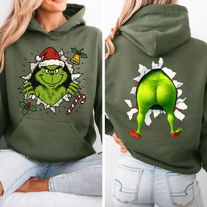 Funny Grinch Christmas Front-Back Hoodie, Two-Sided Santa Grinch Shirt, Family Grinch Christmas Sweatshirt, Women's Christmas Shirt