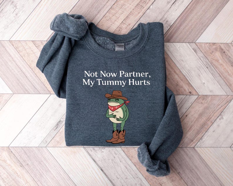May include: A dark gray sweatshirt with the text "Not Now Partner, My Tummy Hurts" and a cartoon frog wearing a cowboy hat and bandana.