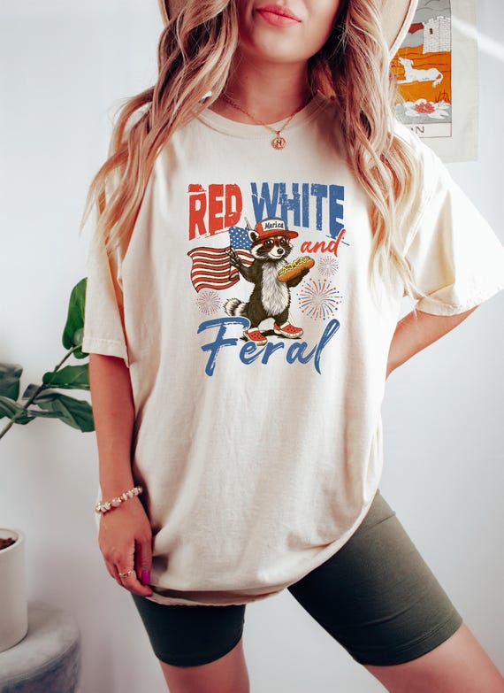 Red White And Feral T-Shirt 4th Of July Raccoon Tee, Patriotic Humor Sweatshirt, Independence Day Crewneck, Funny American Flag Gift