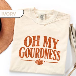 May include: An ivory t-shirt featuring the text OH MY GOURDNESS in a distressed orange font, centered above a small orange pumpkin graphic with horizontal lines on either side. The shirt has a crew neckline and a Comfort Colors brand label.