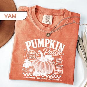 May include: A burnt orange short-sleeve t-shirt with a white graphic print featuring a pumpkin, leaves, and text that reads PUMPKIN Patch, FRESH FROM THE PATCH, FARM FRESH, LOCALLY GROWN, AUTUMN PICKED, PUMPKINS, CORN MAZE, and APPLE CIDER.