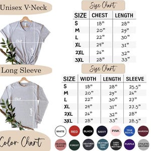May include: A product image featuring a gray V-neck and long-sleeve shirt with a size chart and color chart. The size chart includes chest, length, width, and sleeve measurements in inches. The color chart displays various colors, including white, red, and black.