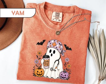 Comfort Colors® Spooky Nurse Shirt, Halloween Nursing Tee, Ghost Nurse T-Shirt, Nursing Student Gift, Retro Fall Medical Work T-Shirts