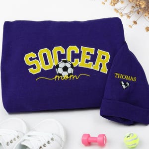 Embroidered Soccer Mom Sweatshirt with Kid Name on Sleeve | Mother’s Day Gift for Sports Mom | Custom Soccer Mama Crewneck