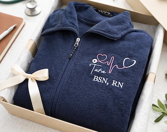 Embroidered RN Fleece Jacket, Custom Nurse Zip-Up with Pockets, Medical Staff Apparel