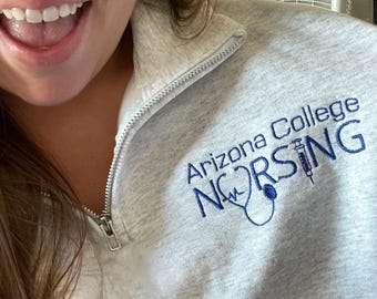 Nursing Sweatshirt Quarter Zip for Women, Custom College Nursing Embroidered Quater Zip Sweatshirt, RN Student Gift for Her