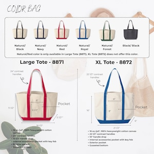 Puede incluir: Imagen de bolsos tote en negro, azul marino, rojo, azul real, verde bosque y negro. Los bolsos est&aacute;n disponibles en dos tama&ntilde;os, con dimensiones en cm. Caracter&iacute;sticas: asas en contraste y bolsillos interiores.