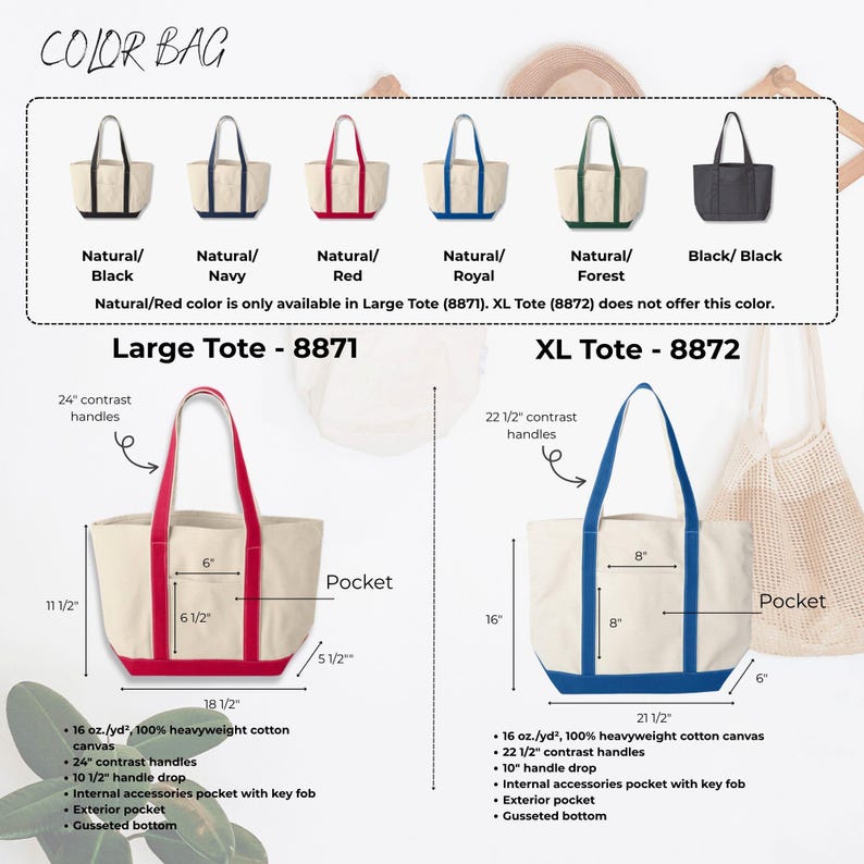 Puede incluir: Imagen de bolsos tote en negro, azul marino, rojo, azul real, verde bosque y negro. Los bolsos est&aacute;n disponibles en dos tama&ntilde;os, con dimensiones en cm. Caracter&iacute;sticas: asas en contraste y bolsillos interiores.